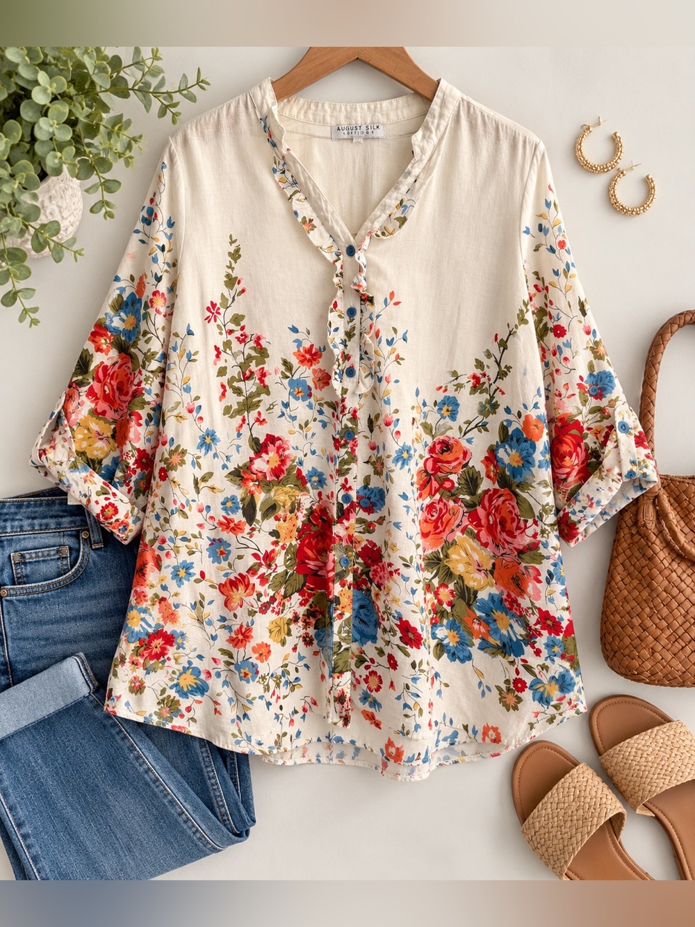 August Silk Options Floral 100% Cotton Tunic Blouse 1X Cottagecore Boho